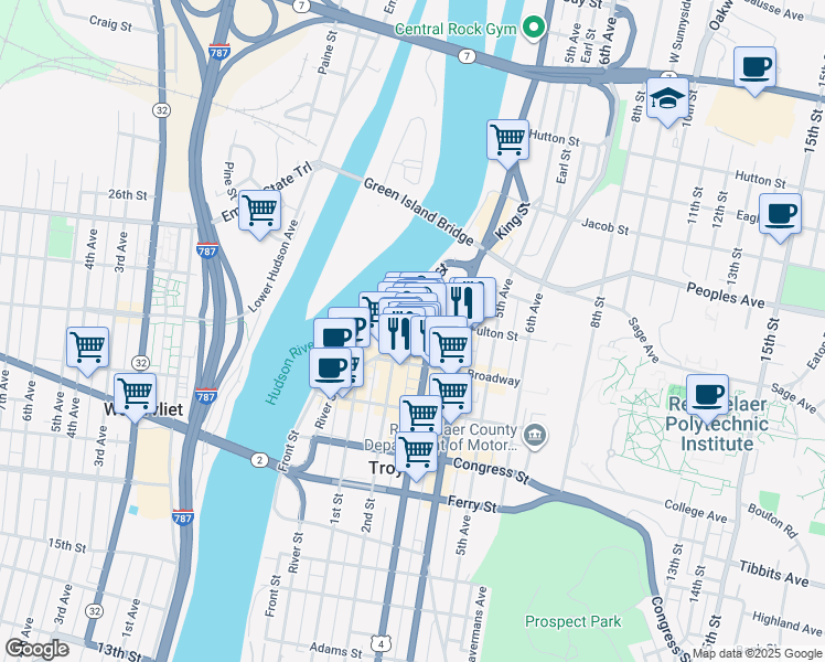 map of restaurants, bars, coffee shops, grocery stores, and more near 283 River Street in Troy