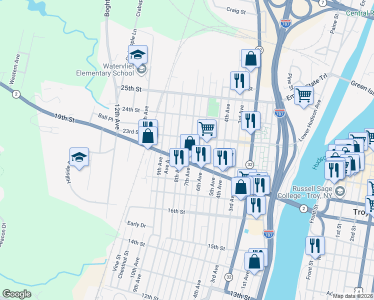 map of restaurants, bars, coffee shops, grocery stores, and more near 1925 7th Avenue in Watervliet
