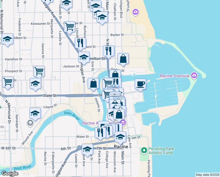 map of restaurants, bars, coffee shops, grocery stores, and more near 214 State Street in Racine