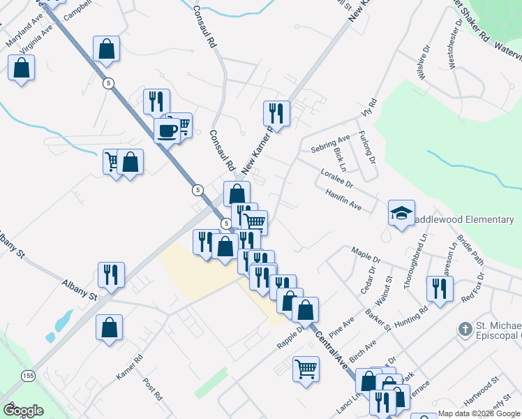 map of restaurants, bars, coffee shops, grocery stores, and more near 1 Consaul Road in Albany