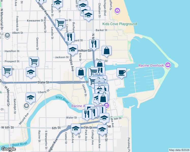 map of restaurants, bars, coffee shops, grocery stores, and more near 134 Main Street in Racine