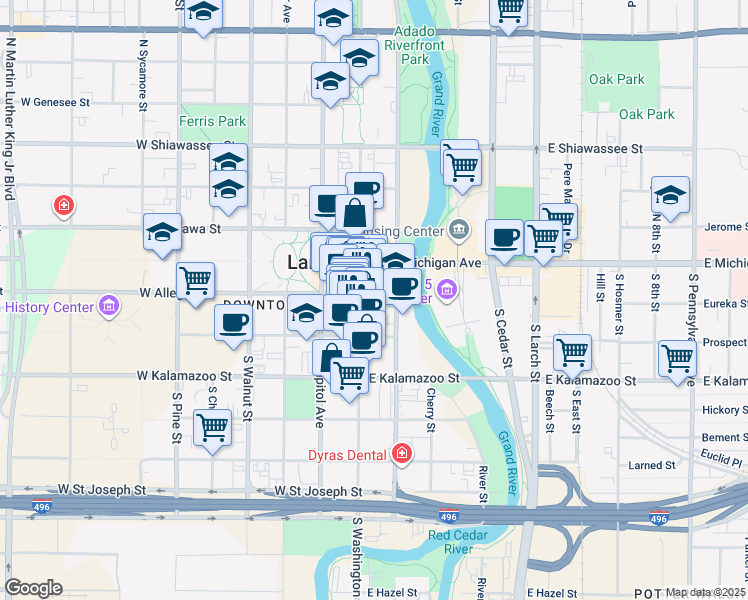map of restaurants, bars, coffee shops, grocery stores, and more near 211 South Washington Square in Lansing