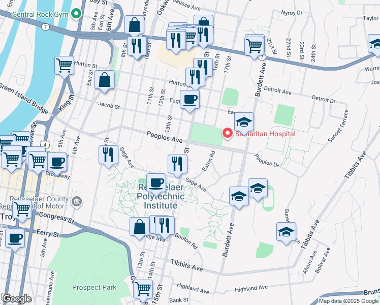 map of restaurants, bars, coffee shops, grocery stores, and more near 2001 15th Street in Troy