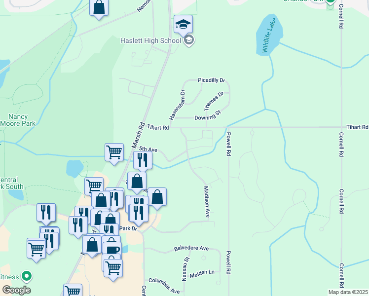 map of restaurants, bars, coffee shops, grocery stores, and more near 5205 Madison Avenue in Meridian charter Township