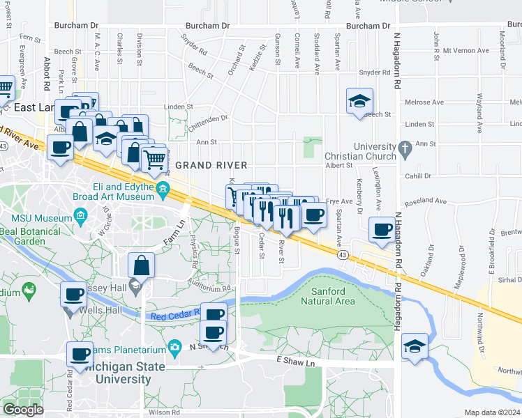 map of restaurants, bars, coffee shops, grocery stores, and more near 935 Michigan 43 in East Lansing