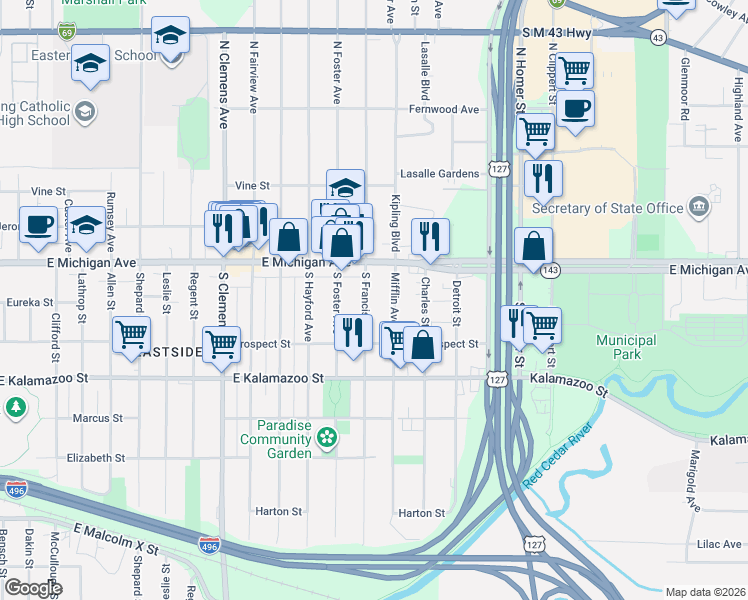map of restaurants, bars, coffee shops, grocery stores, and more near 209 South Francis Avenue in Lansing