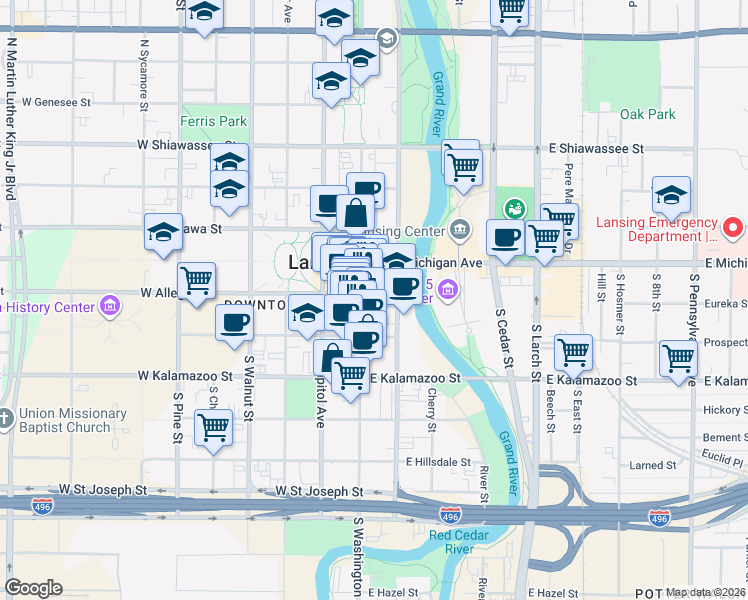 map of restaurants, bars, coffee shops, grocery stores, and more near 211 South Washington Square in Lansing