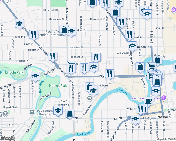 map of restaurants, bars, coffee shops, grocery stores, and more near 913 Wilson Street in Racine