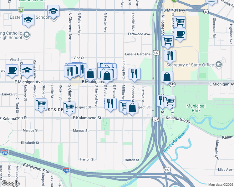 map of restaurants, bars, coffee shops, grocery stores, and more near 209 South Francis Avenue in Lansing