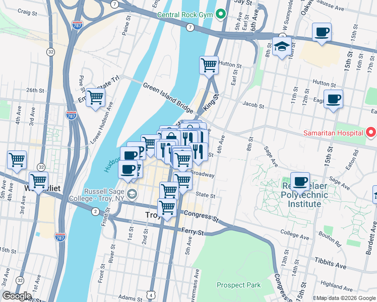 map of restaurants, bars, coffee shops, grocery stores, and more near in Troy