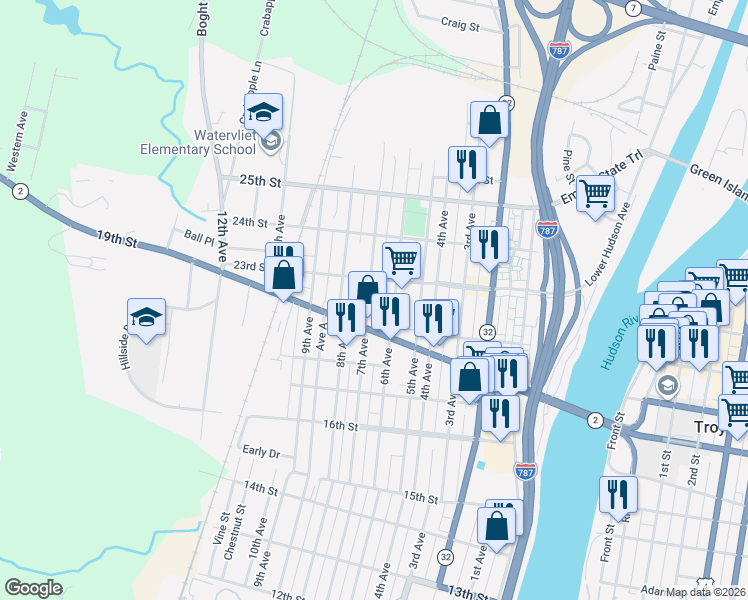 map of restaurants, bars, coffee shops, grocery stores, and more near 1925 6th Avenue in Watervliet