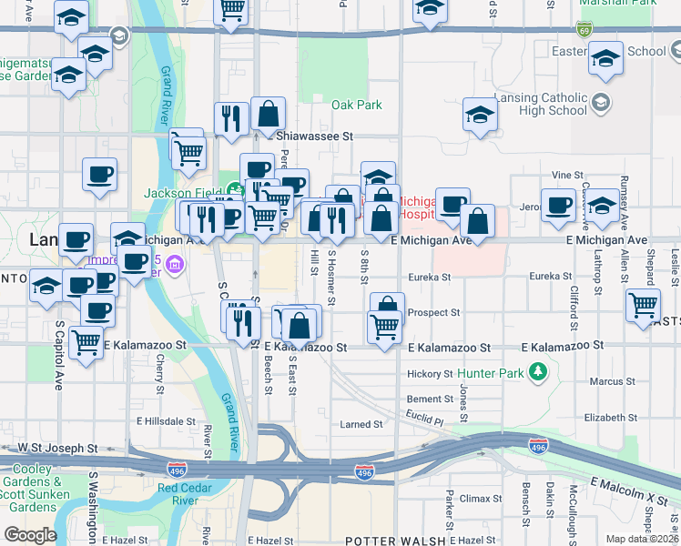 map of restaurants, bars, coffee shops, grocery stores, and more near 204 South 8th Street in Lansing