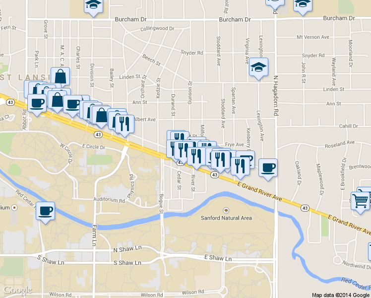 map of restaurants, bars, coffee shops, grocery stores, and more near 141 Gunson Street in East Lansing