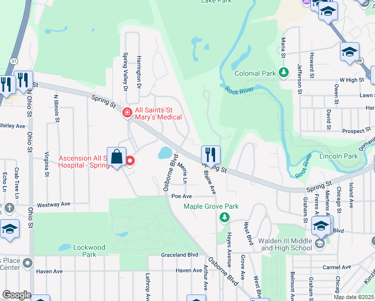 map of restaurants, bars, coffee shops, grocery stores, and more near 3610 Spring Street in Racine