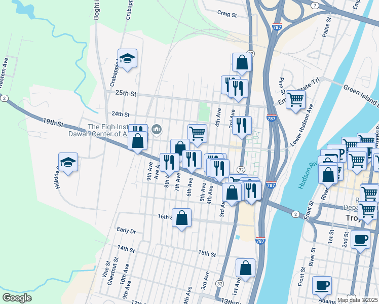 map of restaurants, bars, coffee shops, grocery stores, and more near 1925 6th Avenue in Watervliet