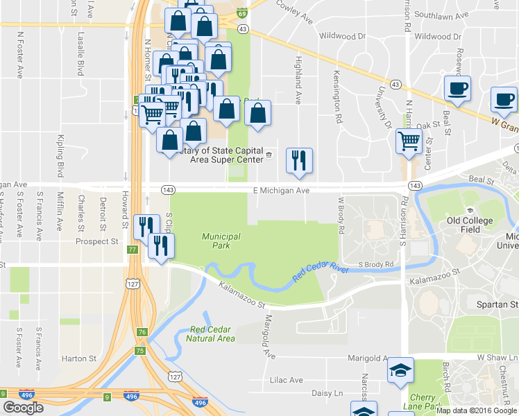 map of restaurants, bars, coffee shops, grocery stores, and more near 1415 Michigan Avenue in East Lansing