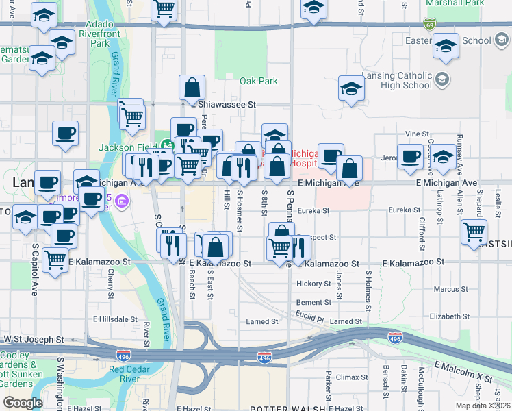 map of restaurants, bars, coffee shops, grocery stores, and more near 204 South 8th Street in Lansing
