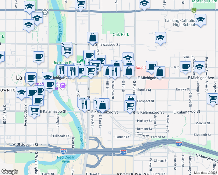 map of restaurants, bars, coffee shops, grocery stores, and more near 204 South Hosmer Street in Lansing