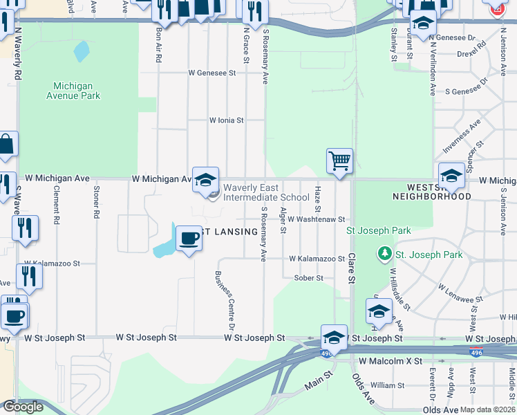 map of restaurants, bars, coffee shops, grocery stores, and more near 2805 West Washtenaw Street in Lansing