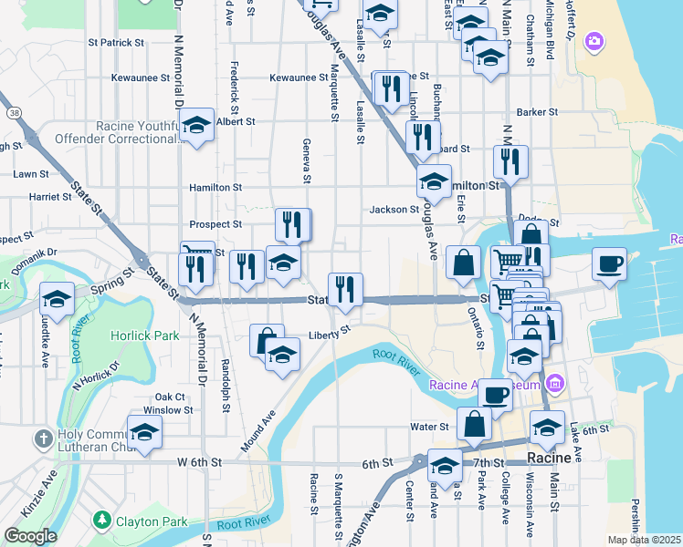 map of restaurants, bars, coffee shops, grocery stores, and more near 916 Lasalle Street in Racine