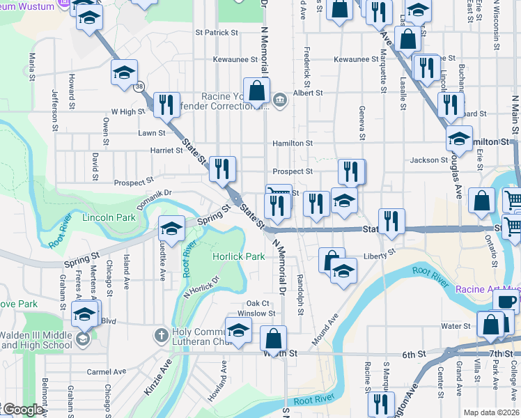 map of restaurants, bars, coffee shops, grocery stores, and more near 1625 State Street in Racine