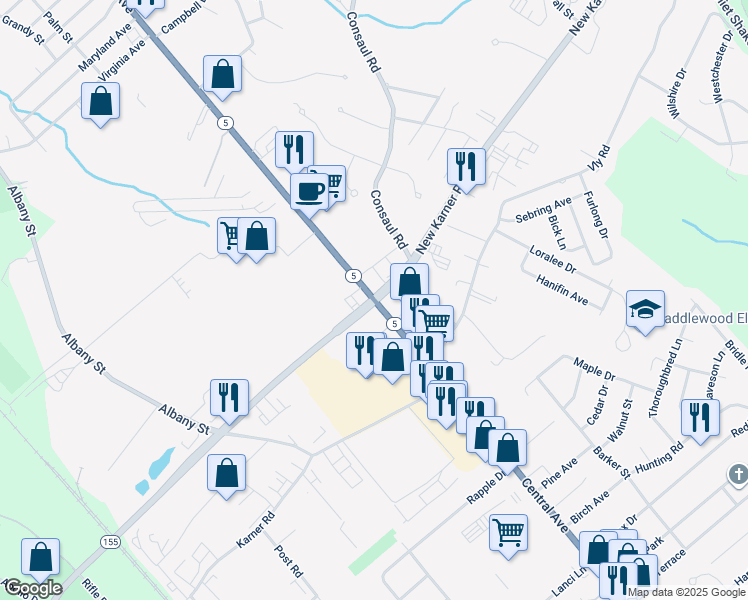 map of restaurants, bars, coffee shops, grocery stores, and more near Central Ave & Rte 155 in Albany