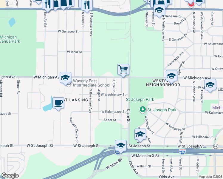 map of restaurants, bars, coffee shops, grocery stores, and more near 2510 West Washtenaw Street in Lansing