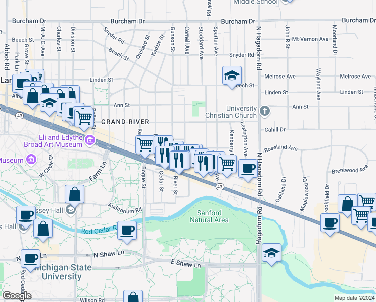 map of restaurants, bars, coffee shops, grocery stores, and more near 158 Milford Street in East Lansing