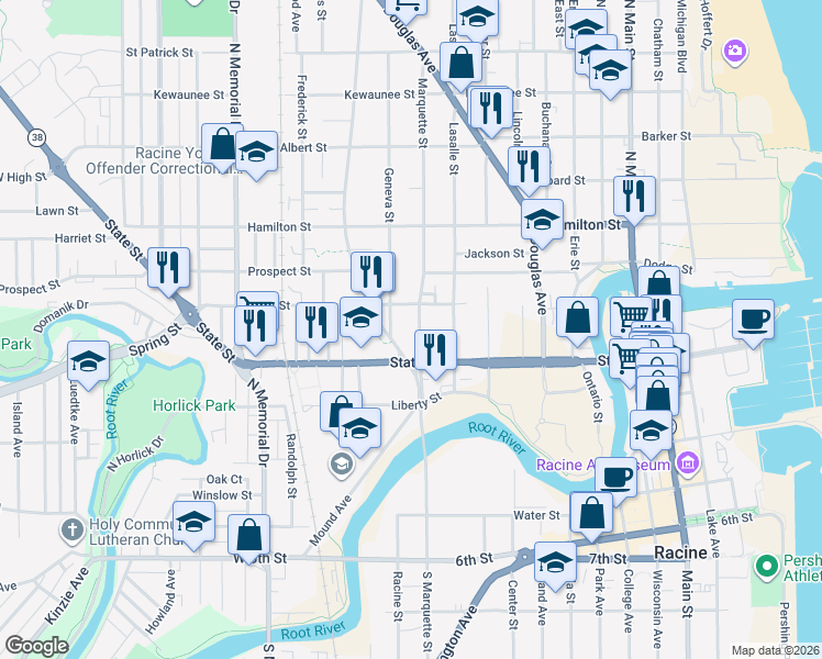 map of restaurants, bars, coffee shops, grocery stores, and more near 909 Doctor Martin Luther King Drive in Racine