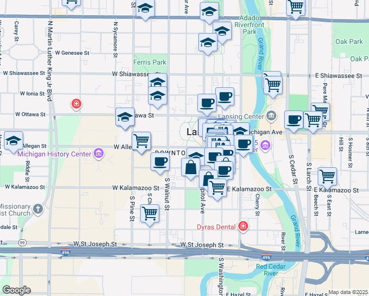 map of restaurants, bars, coffee shops, grocery stores, and more near in Lansing