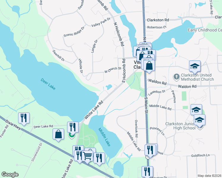 map of restaurants, bars, coffee shops, grocery stores, and more near 6506 White Lake Road in Clarkston