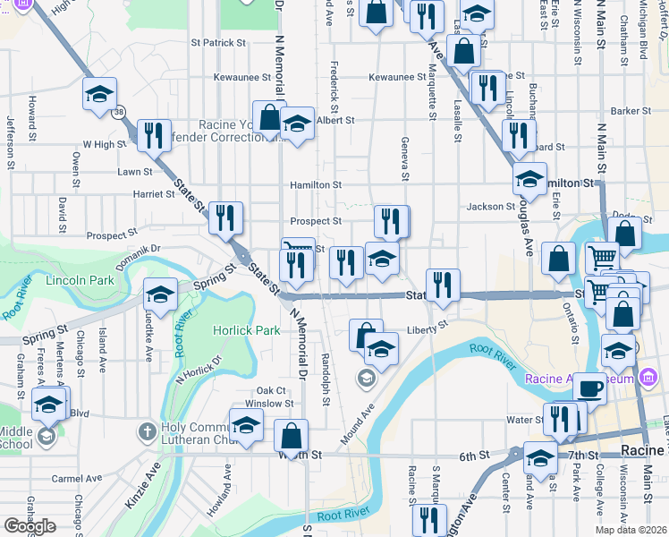 map of restaurants, bars, coffee shops, grocery stores, and more near 922 Garfield Street in Racine