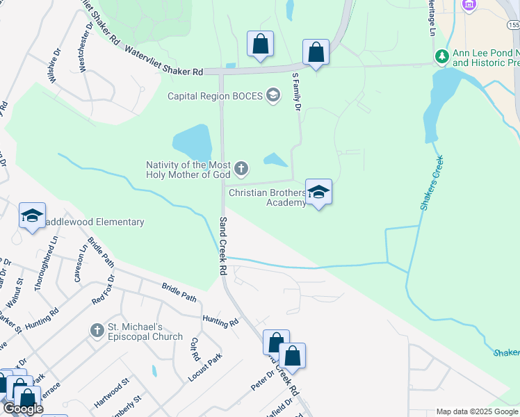 map of restaurants, bars, coffee shops, grocery stores, and more near 5 South Family Drive in Albany