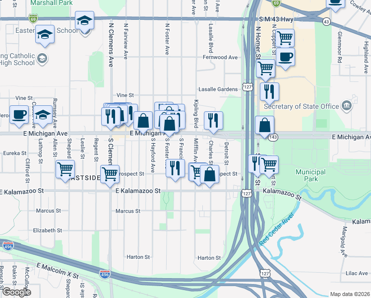 map of restaurants, bars, coffee shops, grocery stores, and more near 209 South Francis Avenue in Lansing