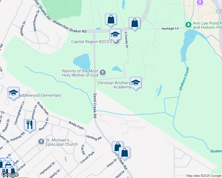 map of restaurants, bars, coffee shops, grocery stores, and more near 5 South Family Drive in Albany