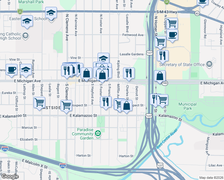 map of restaurants, bars, coffee shops, grocery stores, and more near 209 South Francis Avenue in Lansing