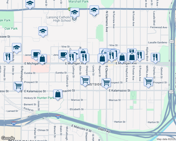 map of restaurants, bars, coffee shops, grocery stores, and more near 208 Shepard Street in Lansing