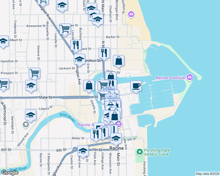 map of restaurants, bars, coffee shops, grocery stores, and more near 214 State Street in Racine