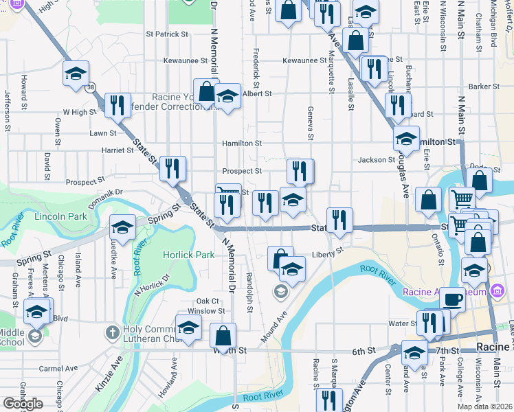 map of restaurants, bars, coffee shops, grocery stores, and more near 922 Garfield Street in Racine
