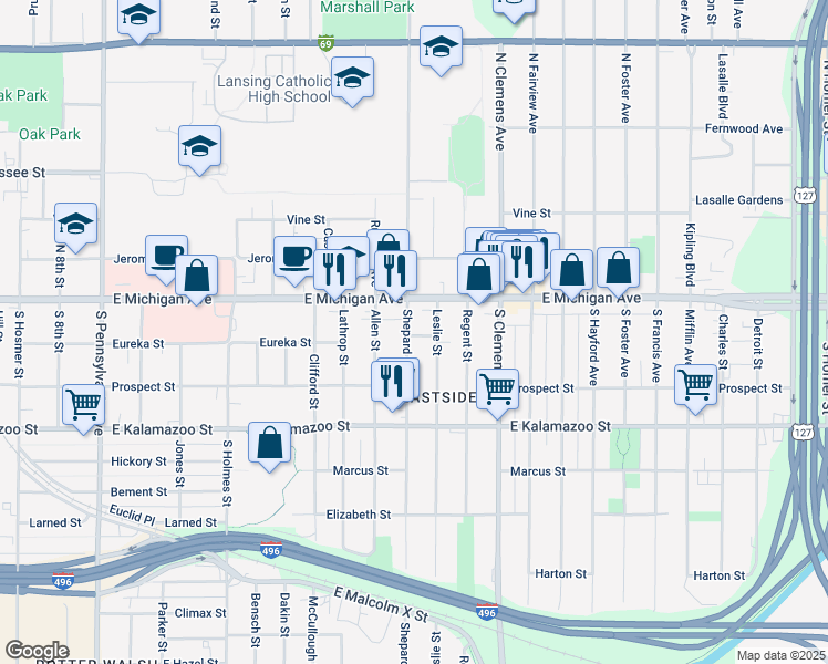 map of restaurants, bars, coffee shops, grocery stores, and more near 127 Shepard Street in Lansing
