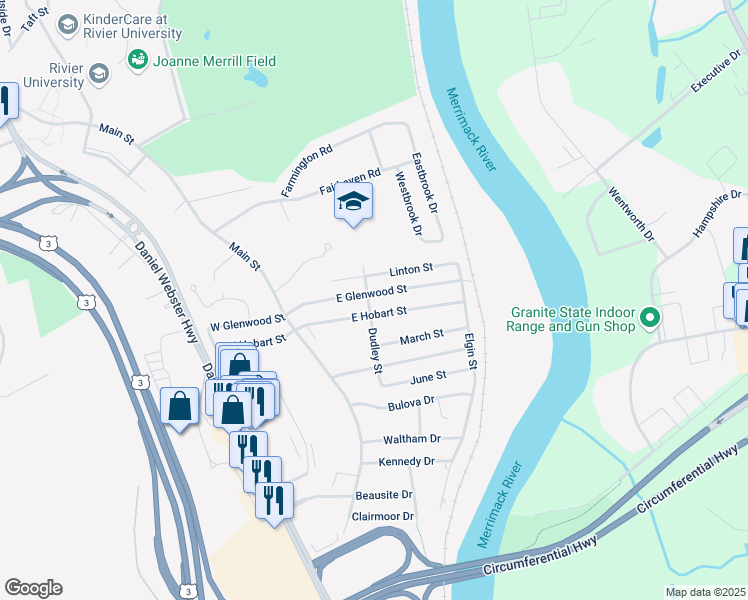 map of restaurants, bars, coffee shops, grocery stores, and more near 71 East Hobart Street in Nashua