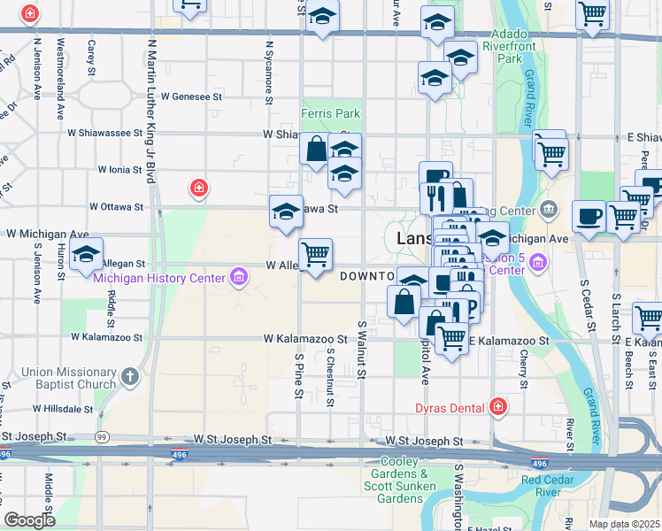 map of restaurants, bars, coffee shops, grocery stores, and more near in Lansing