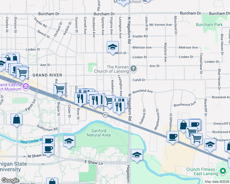 map of restaurants, bars, coffee shops, grocery stores, and more near 139 Lexington Avenue in East Lansing