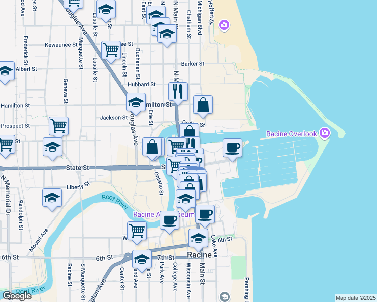 map of restaurants, bars, coffee shops, grocery stores, and more near 7 Main Street in Racine