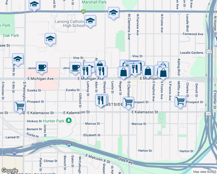 map of restaurants, bars, coffee shops, grocery stores, and more near 1713 Stanley Court in Lansing