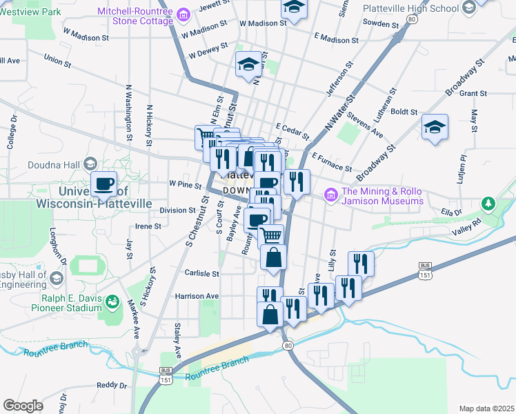 map of restaurants, bars, coffee shops, grocery stores, and more near 150 Rountree Avenue in Platteville