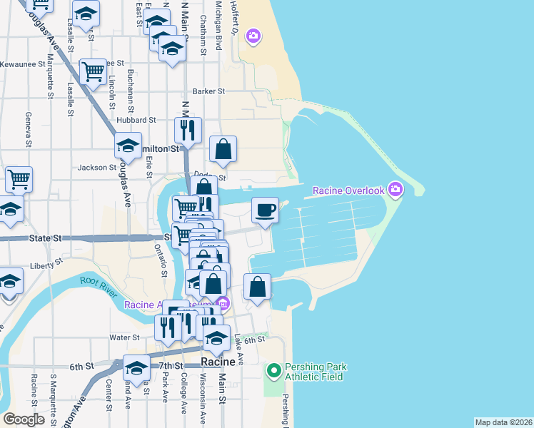 map of restaurants, bars, coffee shops, grocery stores, and more near 34 Gas Light Drive in Racine