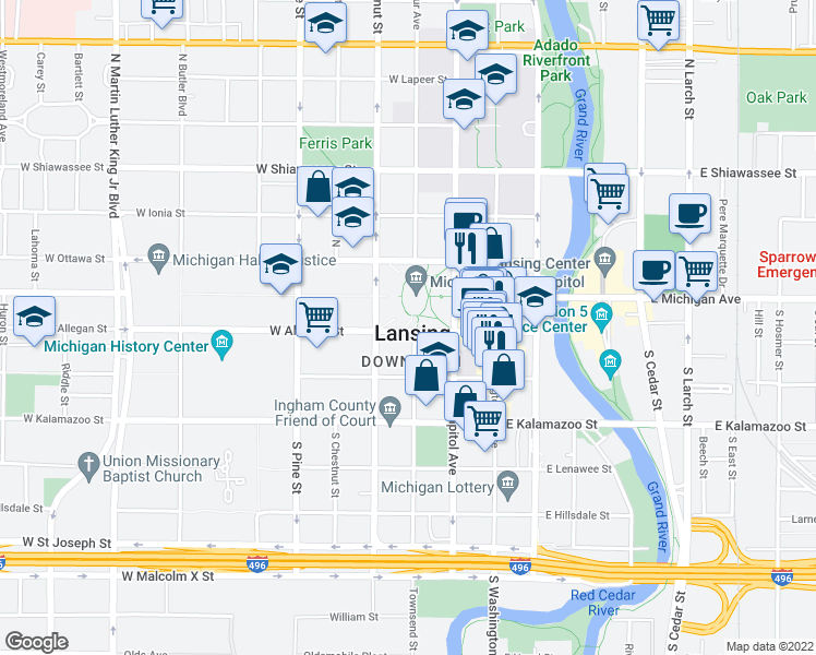 map of restaurants, bars, coffee shops, grocery stores, and more near in Lansing