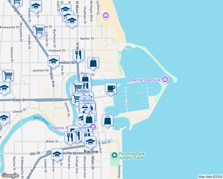 map of restaurants, bars, coffee shops, grocery stores, and more near 34 Gas Light Drive in Racine
