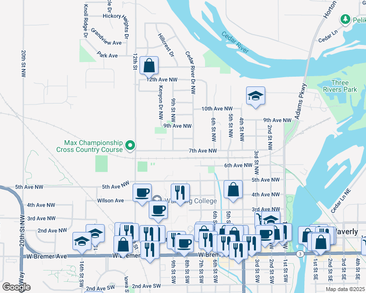 map of restaurants, bars, coffee shops, grocery stores, and more near 805 7th Avenue Northwest in Waverly